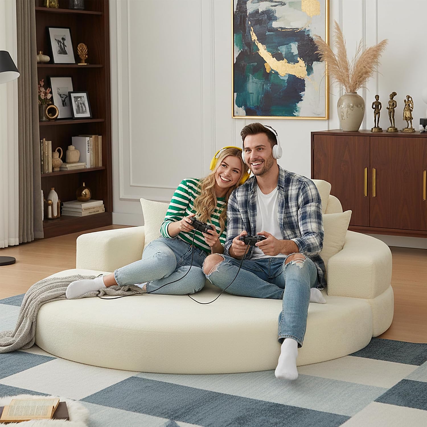 71' Boneless Couch Sofa Bed Oversized Round Couch 2-in-1 Foldable Floor Loveseat Sofa for Living Room and Apartment No Assembly (Beige, 71')