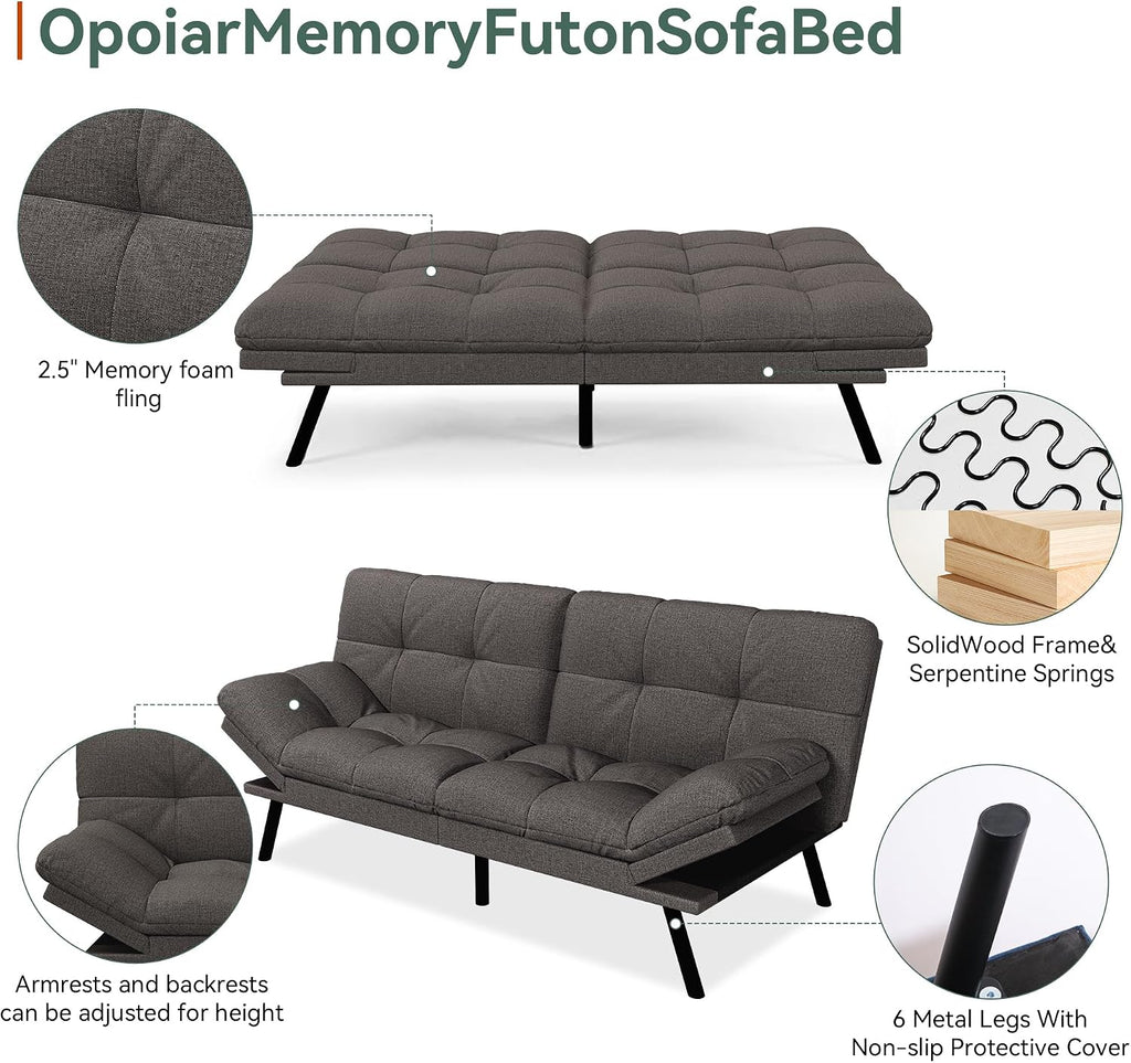 Opoiar Convertible Futon Sofa Bed,71' Memory Foam Futon Couch,Detachable Cushion,Adjustable Backrest & Armrest,Linen Modern Loveseat Sleeper Recliner for Living Room,Office,Apartment,Retro Grey
