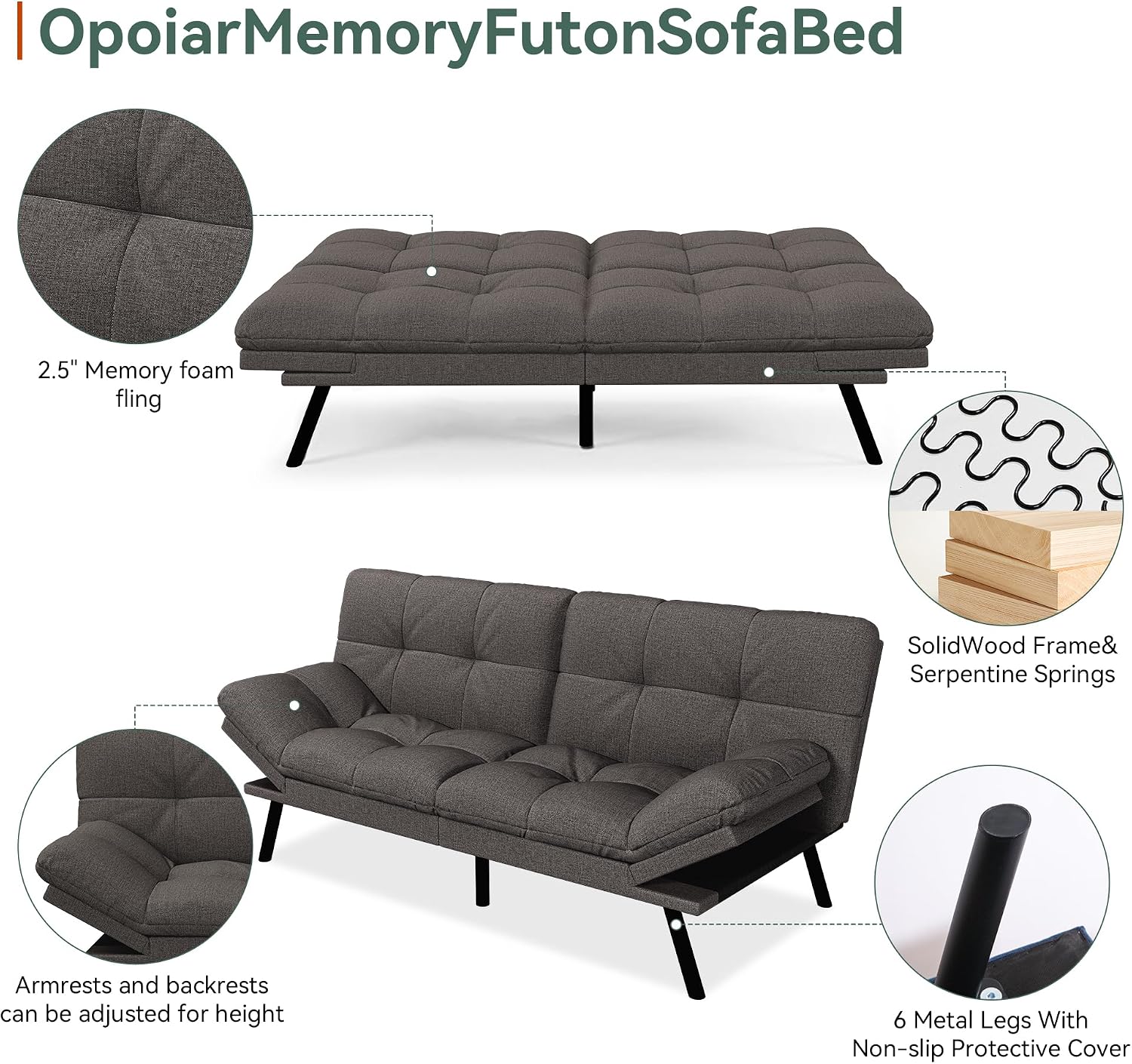 Opoiar Convertible Futon Sofa Bed,71' Memory Foam Futon Couch,Detachable Cushion,Adjustable Backrest & Armrest,Linen Modern Loveseat Sleeper Recliner for Living Room,Office,Apartment,Retro Grey