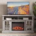 BELLEZE Traditional 58' Rustic TV Stand with 23' Electric Fireplace Heater with Sound, Media Entertainment Center Console Table for TV up to 65' with Open Storage Shelves and Cabinets - Grey Wash