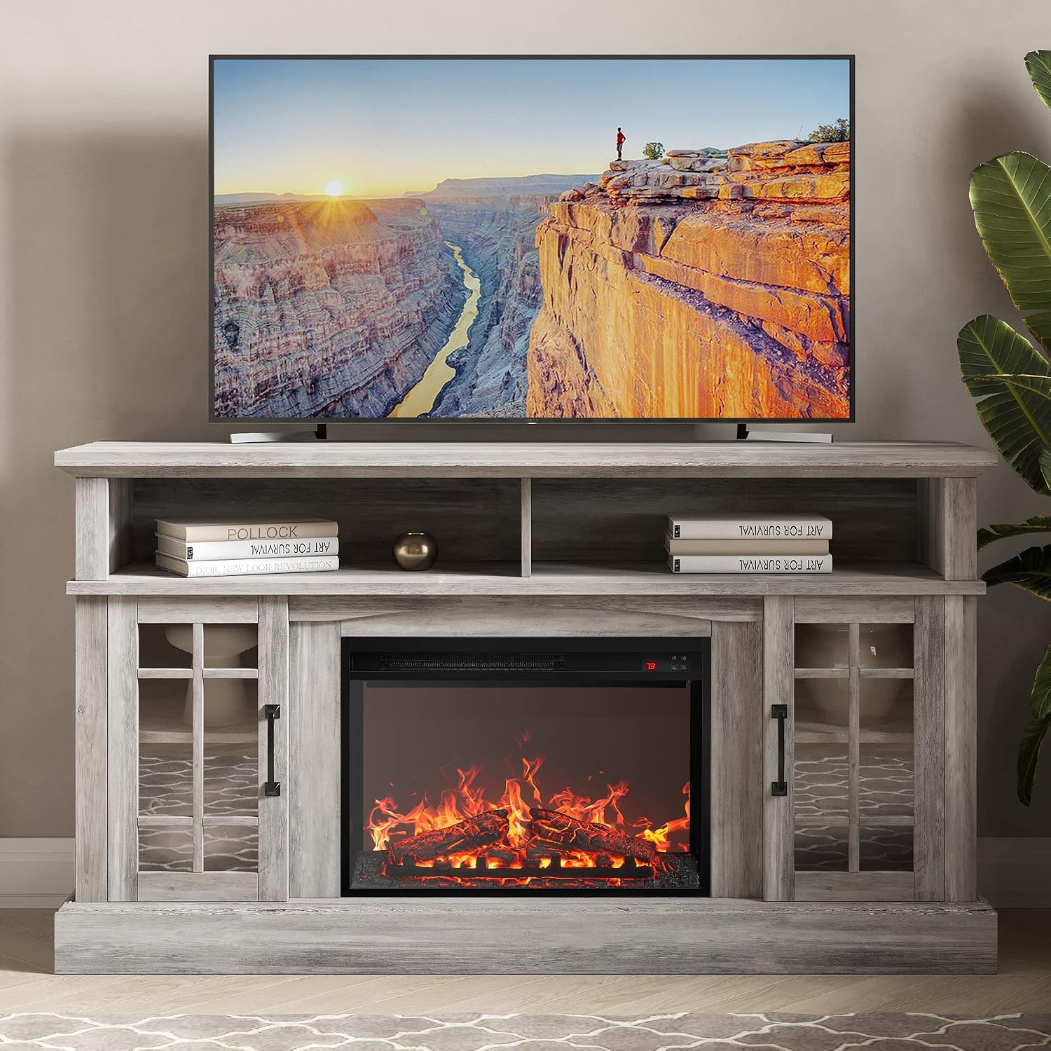 BELLEZE Traditional 58' Rustic TV Stand with 23' Electric Fireplace Heater with Sound, Media Entertainment Center Console Table for TV up to 65' with Open Storage Shelves and Cabinets - Grey Wash
