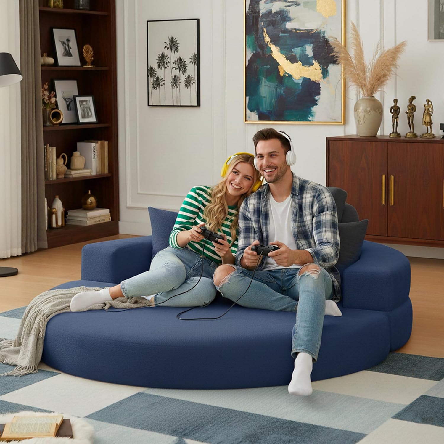 71' Boneless Couch Sofa Bed Oversized Round Couch 2-in-1 Foldable Floor Loveseat Sofa for Living Room and Apartment No Assembly.(Blue, 71')