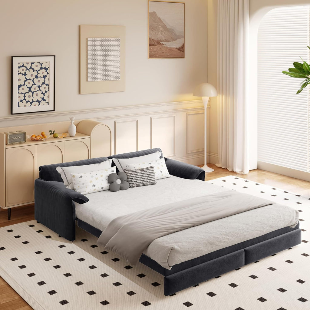 3 in 1 Convertible Queen Sleeper Sofa Bed Comfy Pull Out Futon Couch Bed 66' Modern Velvet Recliner Loveseat Sofa Multi-Functional Grey Cloud Couch for Living Room,Apartment,Office (Grey 66')
