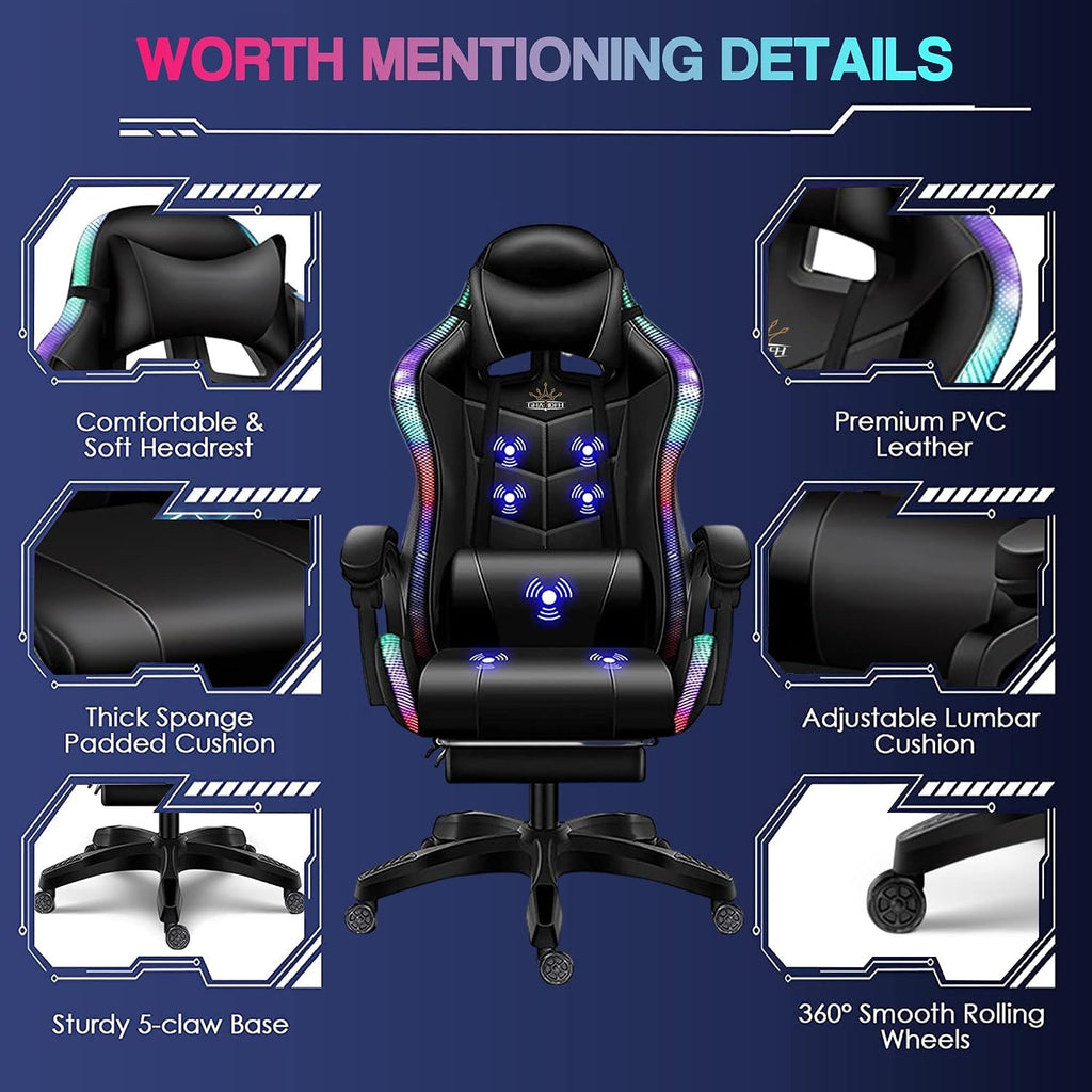 Big and Tall Gaming Chair with Footrest Ergonomic Massage Office Chairs LED Video Game Chair with Speakers Comfortable Headrest Lumbar Support High Back Desk Chair PU Leather for Adults,Red
