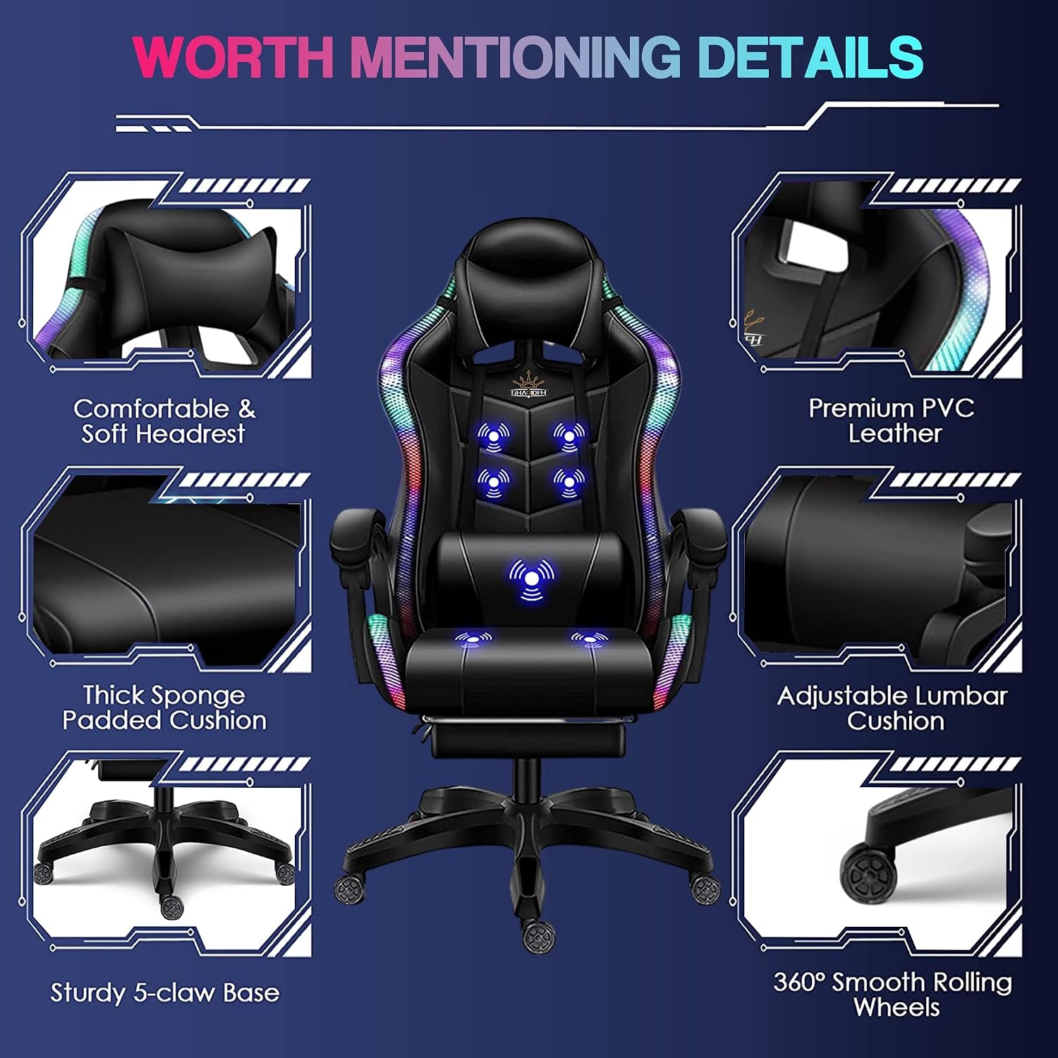 Big and Tall Gaming Chair with Footrest Ergonomic Massage Office Chairs LED Video Game Chair with Speakers Comfortable Headrest Lumbar Support High Back Desk Chair PU Leather for Adults,Red