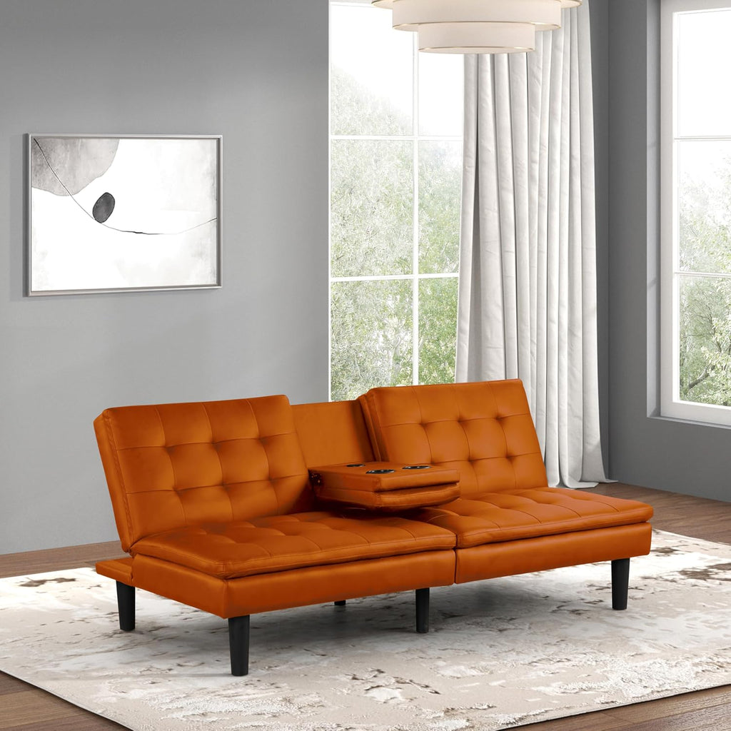 Furniture of America Fallein Modern Contemporary Wood 71.5-inch Futon Sofa Bed with Drop-Down Table, Cup Holders, USB-A Charger, Biscuit Tufting for Bedroom, Guest Room, Orange