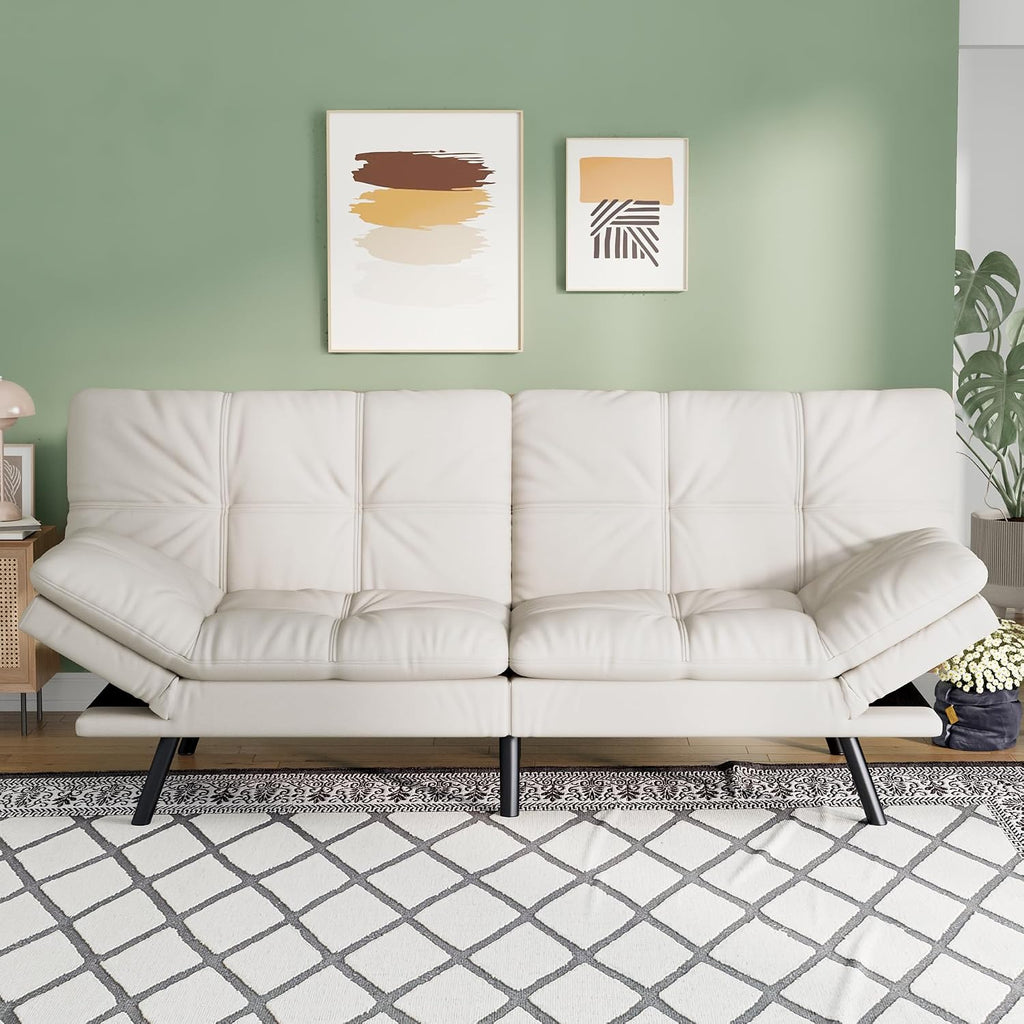 Opoiar 71' L Covertible Futon Sofa Bed,Faux Leather Futon Couch, Memory Foam Modern Loveseat Sleeper, Small Splitback Sofa Couches for Living Room,RV,Home Office,Apartment,White