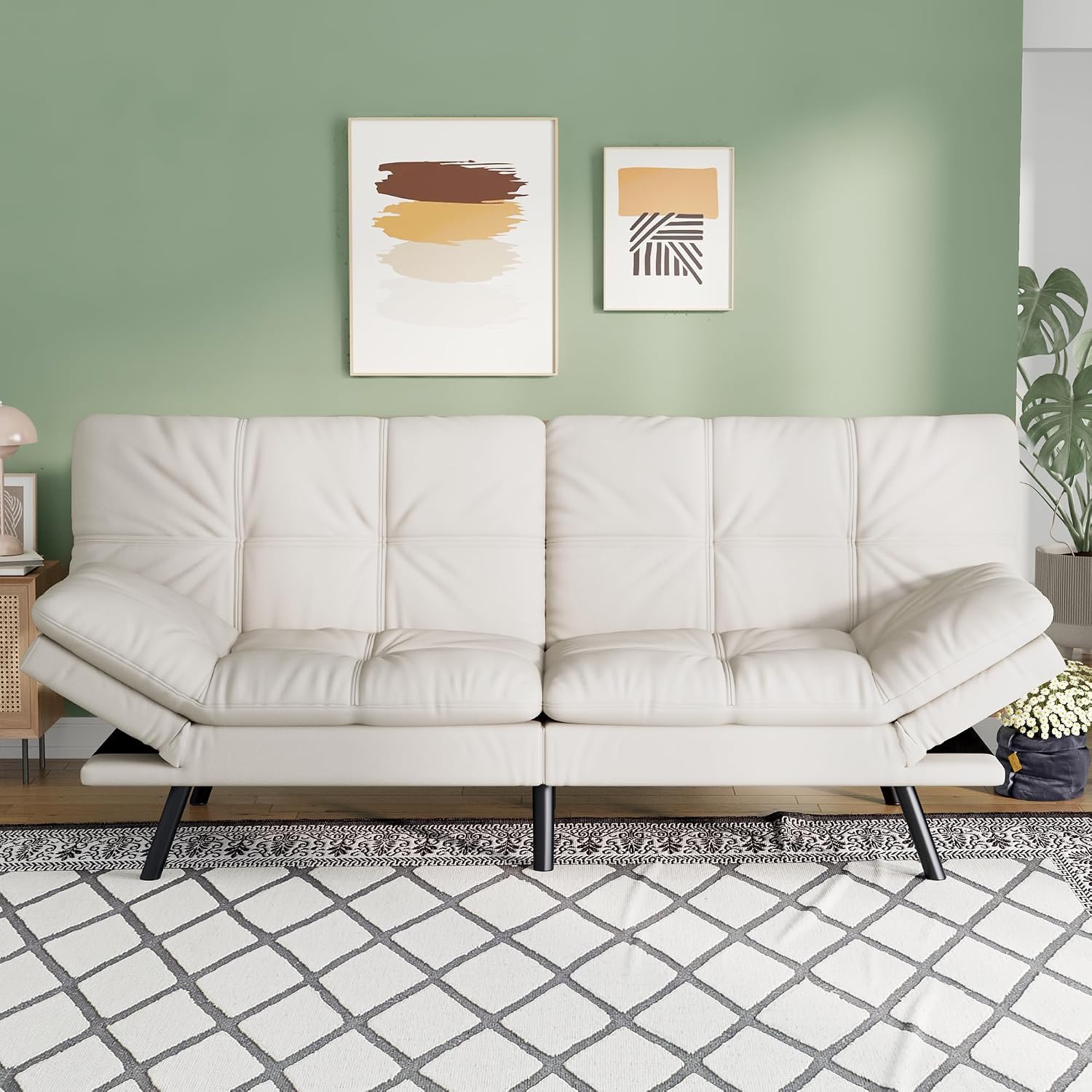 Opoiar 71' L Covertible Futon Sofa Bed,Faux Leather Futon Couch, Memory Foam Modern Loveseat Sleeper, Small Splitback Sofa Couches for Living Room,RV,Home Office,Apartment,White