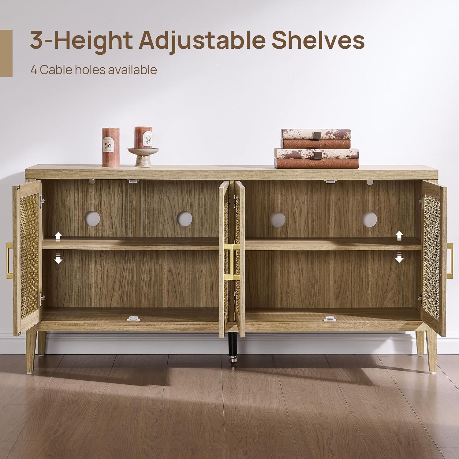 SICOTAS TV Stands for Living Room - Modern TV Console with 4 Doors Cabinet, 59' Television Stands Farmhouse Entertainment Center Media Console Credenza for 45 50 55 60 65 Inch TVs, Light Walnut