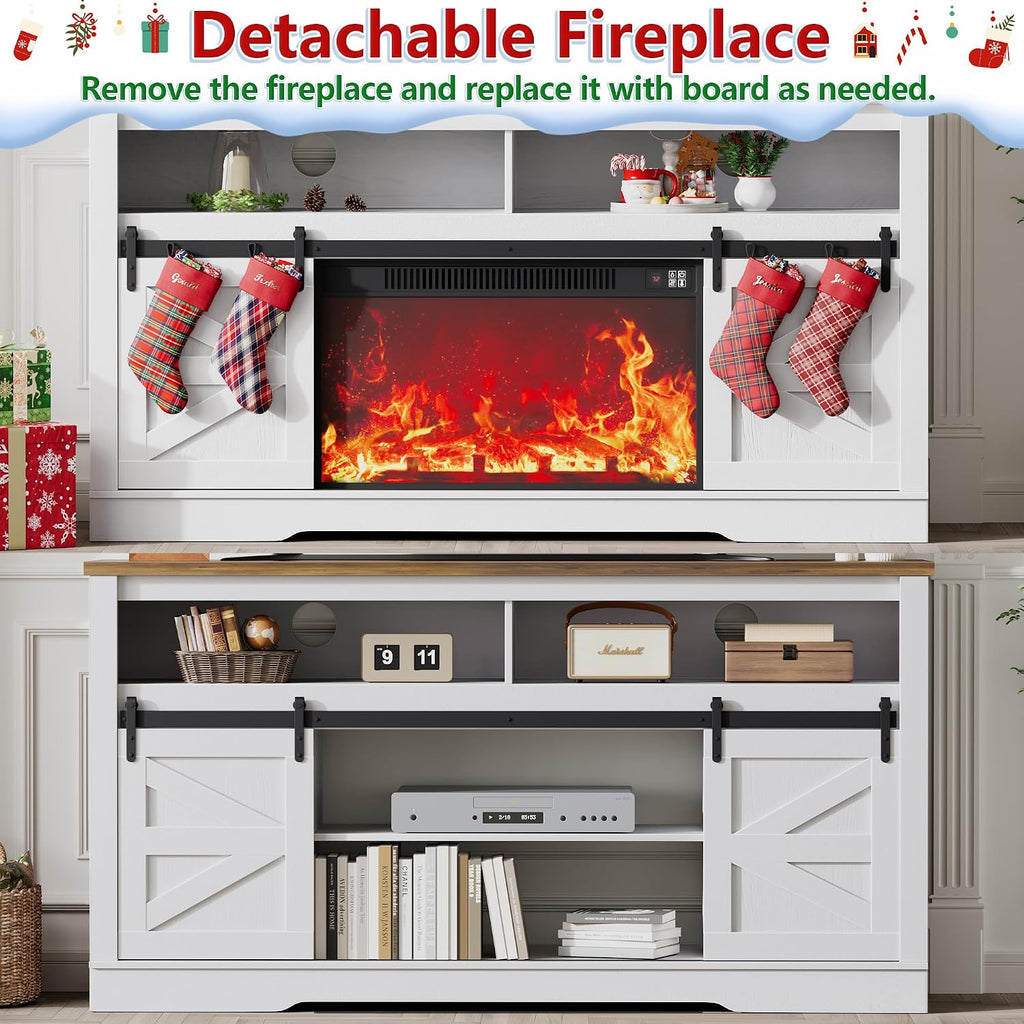 JUMMICO Fireplace TV Stand for 65+ Inch TV with 26'' Fireplace Entertainment Center with Storage Cabinet and Adjustable Shelves Media Console with Sliding Barn Door for Living Room (Bright White)
