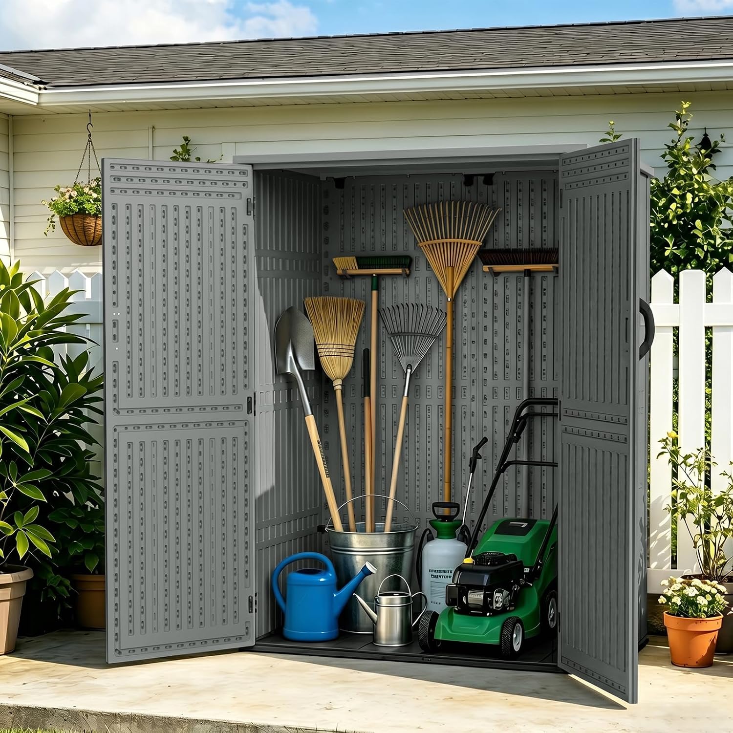 ZYJOYY 4.5 x 5.7 FT Outdoor Storage Shed, 59 Cuft Outside Waterproof Storage Cabinet, HDPE Resin Plastic 385 Gallon Outdoor Storage Container, Vertical Lockable Storage Shed, Grey