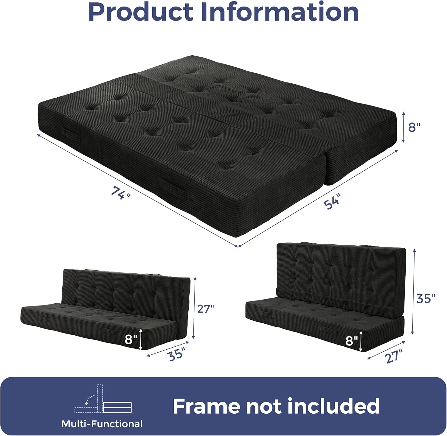 MAXYOYO 8' Foldable Floor Sofa Bed, Tufted Foldable Couch Bed Thick Folding Mattress with Handles, Versatile Folding Sofa Couch for Floor Sleeping, Living Room & Guest Room, Black
