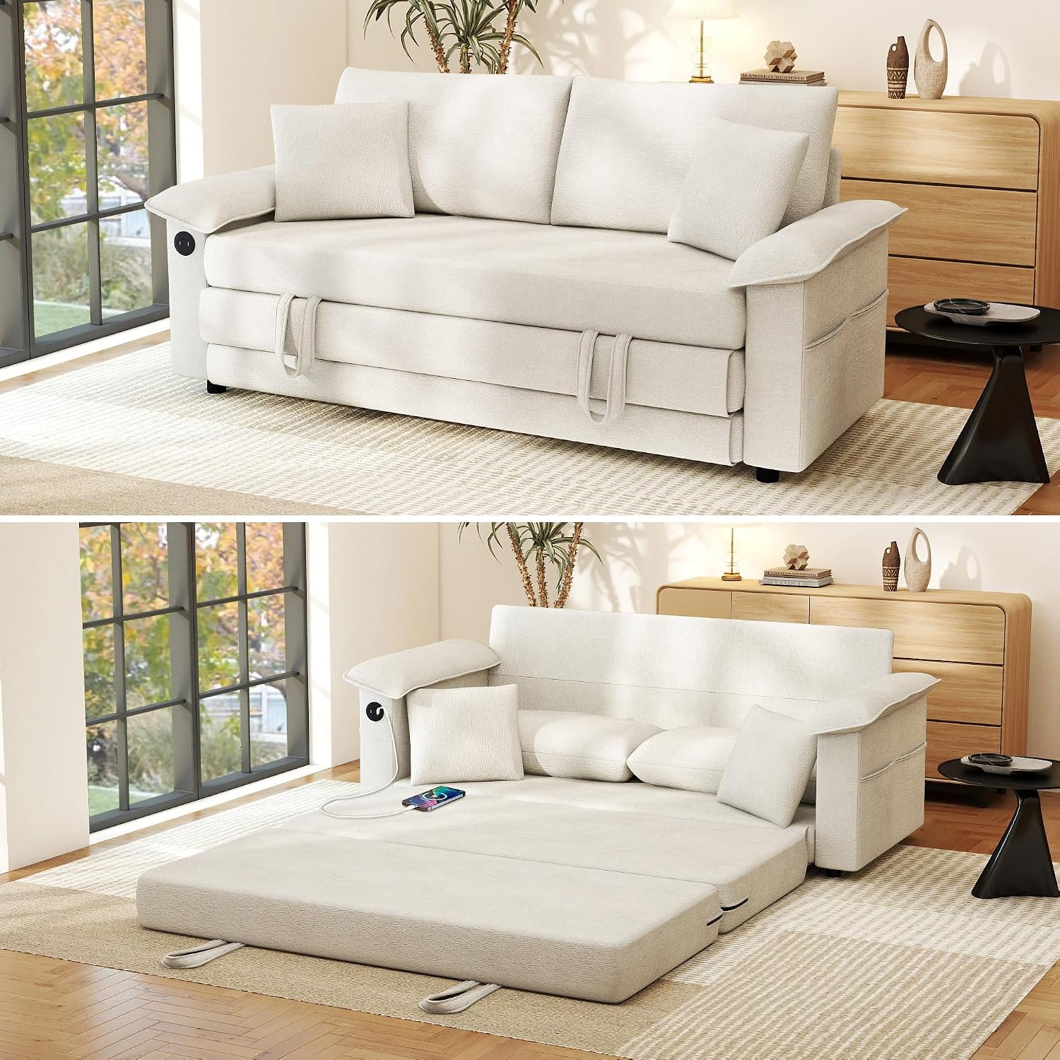 SUNWAVE 77' Sleeper Sofa Convertible Sofa Bed with USB Ports & Side Pockets, Chenille Loveseat Pull Out Couch with Full Size Sleeping Area, Folding Sofa Bed for Living Room & Small Spaces (Ivory)
