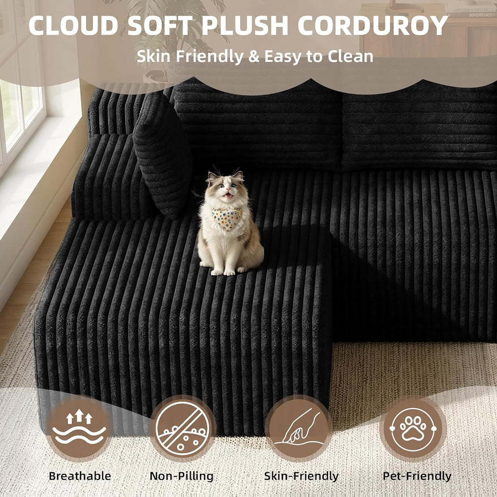 2026 New Boneless Couch, No Assembly Cloud Couch Sectional with Deep Seat & Chaise for Small Spaces, Upholstered Boneless Sectional Couch for Living Room, L Shaped Couch with Left Facing Chaise, Black
