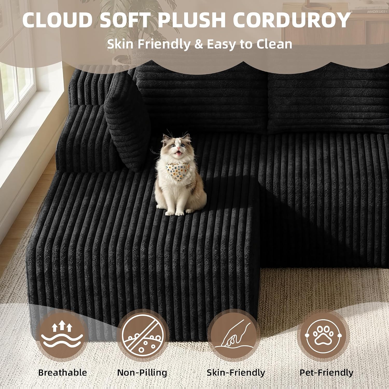 2026 New Boneless Couch, No Assembly Cloud Couch Sectional with Deep Seat & Chaise for Small Spaces, Upholstered Boneless Sectional Couch for Living Room, L Shaped Couch with Left Facing Chaise, Black