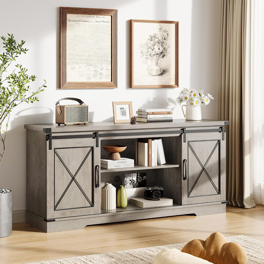 IDEALHOUSE Farmhouse TV Stand and Entertainment Center for Tv up to 65 inches with Sliding Barn Doors and Adjustable Shelf, Tv Media Console Table with Storage Cabinet for Living Room, Grey