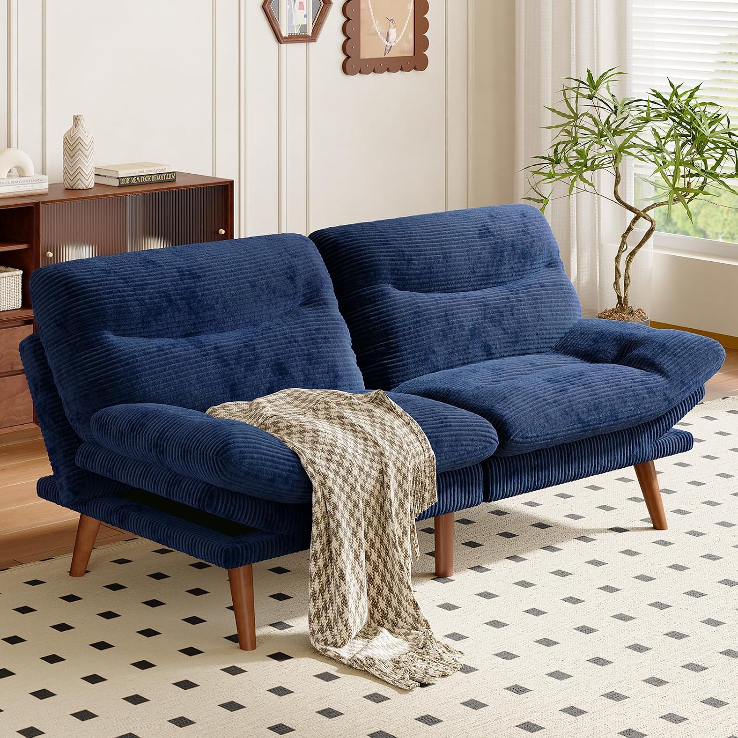 66″Futon Sofa Bed,3-in-1 Futon Couch w/Adjustable Backrest & Armrests, Convertible Sleeper Sofa Bed, Small Folding Sleeper Recliner w/Removable Cushion for Apartment, Living Room,Office (66in,Blue)