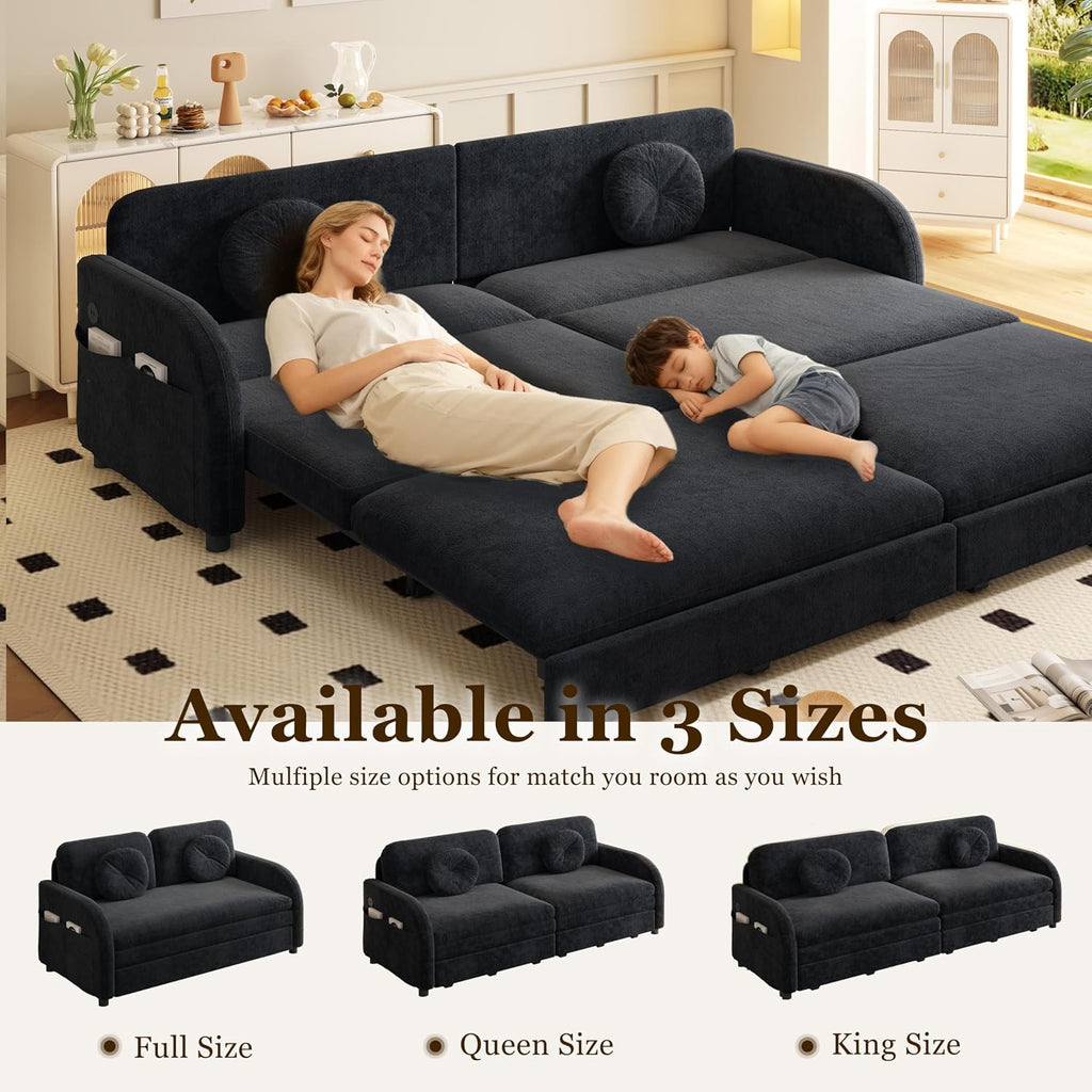 65.4'' Pull Out Couch Bed Queen Size, Chenille Sleeper Sofa Daybed, 3 in 1 Convertible Couches, Futon Sofa with 2 Pillows, Storage Pockets, USB, Loveseat for Small Spaces, Living Room, Black