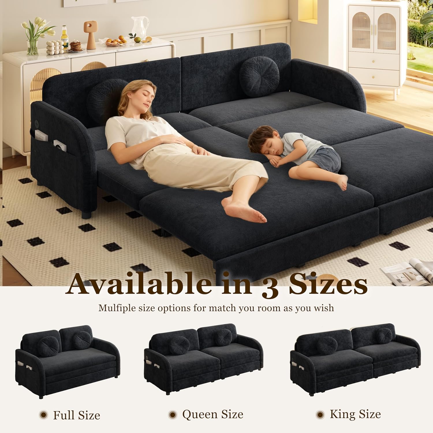 65.4'' Pull Out Couch Bed Queen Size, Chenille Sleeper Sofa Daybed, 3 in 1 Convertible Couches, Futon Sofa with 2 Pillows, Storage Pockets, USB, Loveseat for Small Spaces, Living Room, Black