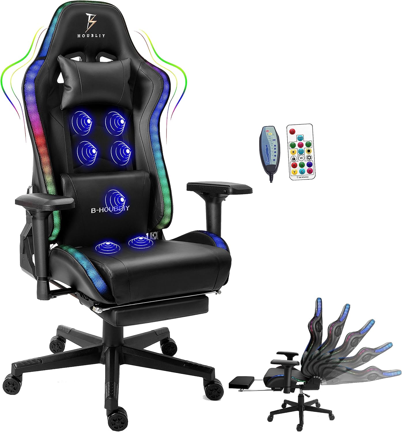 RGB LED Light Ergonomic Gaming Chair - Built-in Speakers, Full Body Massage, High-Back Office Recliner with Footrest - Comfortable Computer Chair Ideal for Adults and Teens.,Black