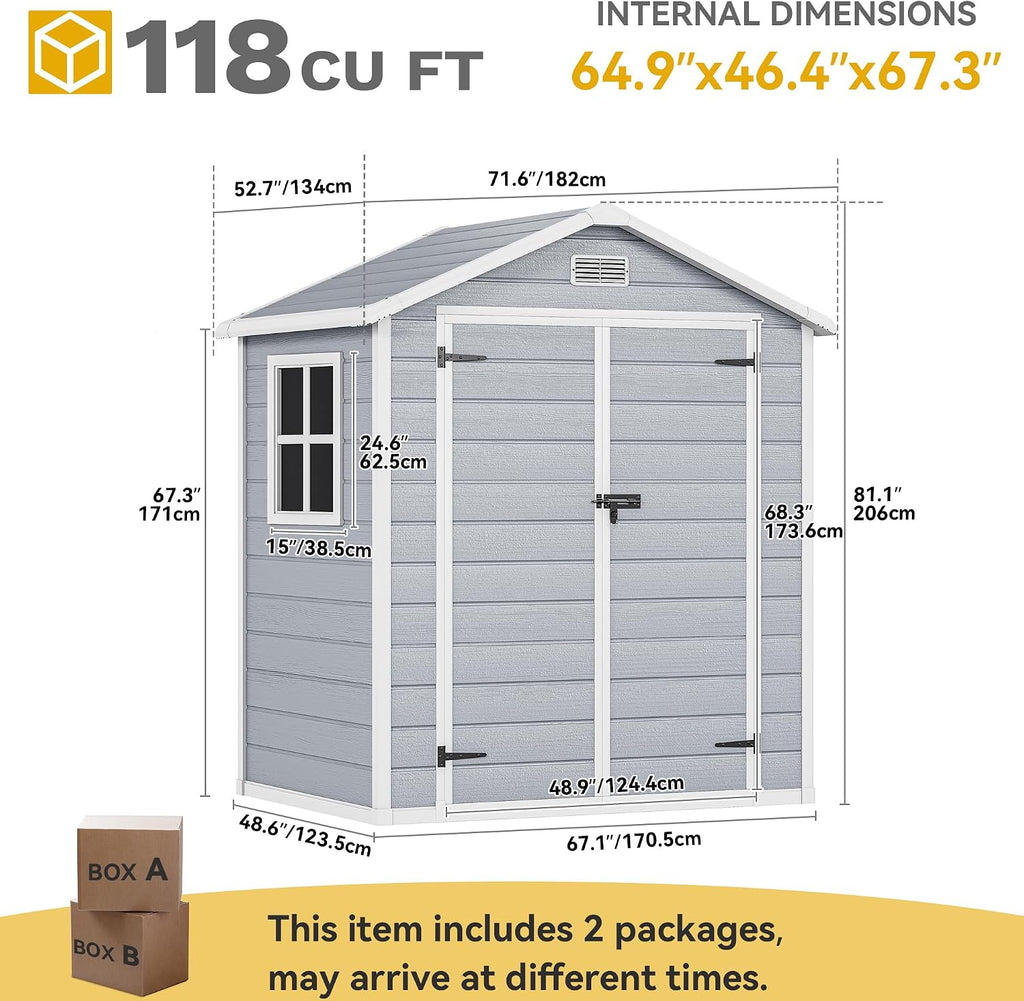 DWVO 6x4.4 FT Outdoor Resin Storage Shed with Reinforced Floor, All-Weather Bike Storage Shed with Lockable Door, Window and Vent, Waterproof Plastic Tool Storage for Garden, Backyard, Patio, Lawn