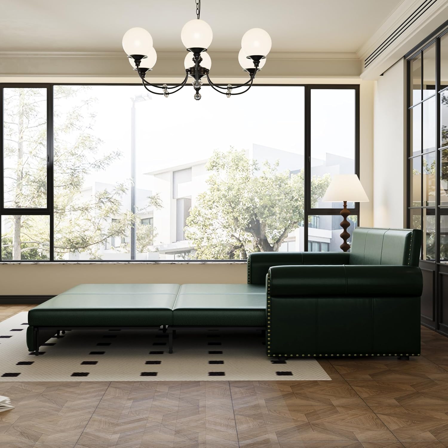 93.7' King Pull Out Sofa Bed, Faux Leather Sleeper Sofa Couch, 3 in 1 Convertible Futon Couches for Living Room, Small Space, Apartment, Office, Bedroom, Modern Rivet Armrest, Green