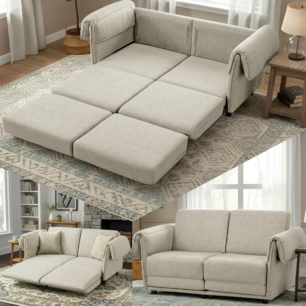 FHFO Loveseat Sleeper Sofa, Convertible Couch Bed Loveset Small Couchs for Small Spaces, 3 in 1 Pull Out Sofa Bed Modern 65' Comfy Futon Sofa Bed Queen for Living Room, Bedroom, Apartment (Beige)