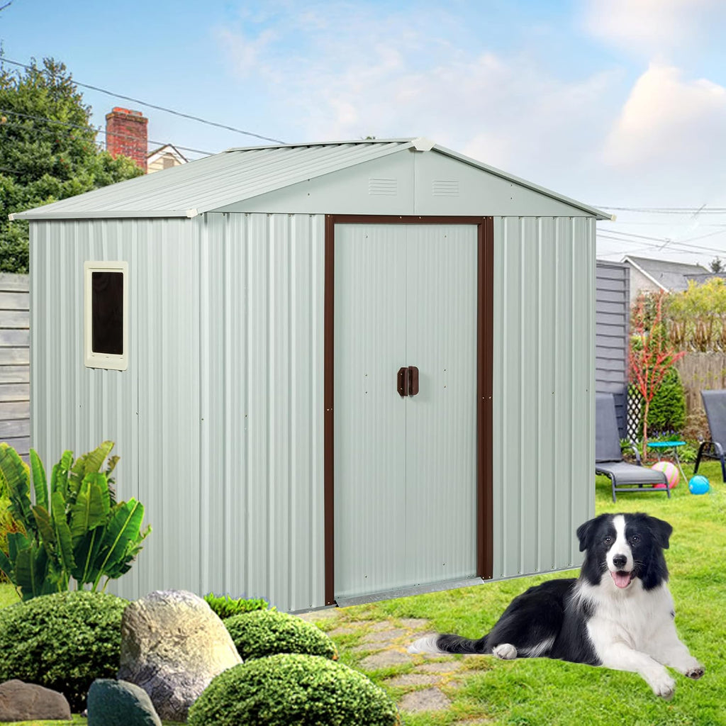 88.97in x 46.85in Heavy-Duty Outdoor Metal Storage Shed with Floor Foundation & Window - Galvanized Steel Tool Shed, Tiny Home Backyard Solution w/Lock, Shelves & Anchors,White