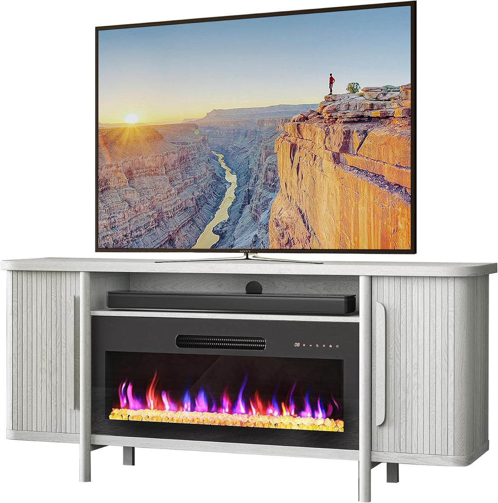 BELLEZE 66' TV Stand with 36' Electric Fireplace Heater, Wood Console Table for TVs up to 75', Entertainment Center with Storage Cabinets for Living Room, Bedroom - Portman (White Sand)