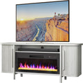 BELLEZE 66' TV Stand with 36' Electric Fireplace Heater, Wood Console Table for TVs up to 75', Entertainment Center with Storage Cabinets for Living Room, Bedroom - Portman (White Sand)
