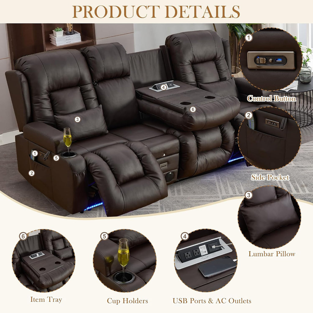 TUNYI Power Loveseat Recliner Sofa with Massage & Heat Home Theater Seating with Console RV Recliner Loveseat Sofa with USB/Storage/Side Pocket/LED Light/Speaker (Brown, 3 Seat with Console)