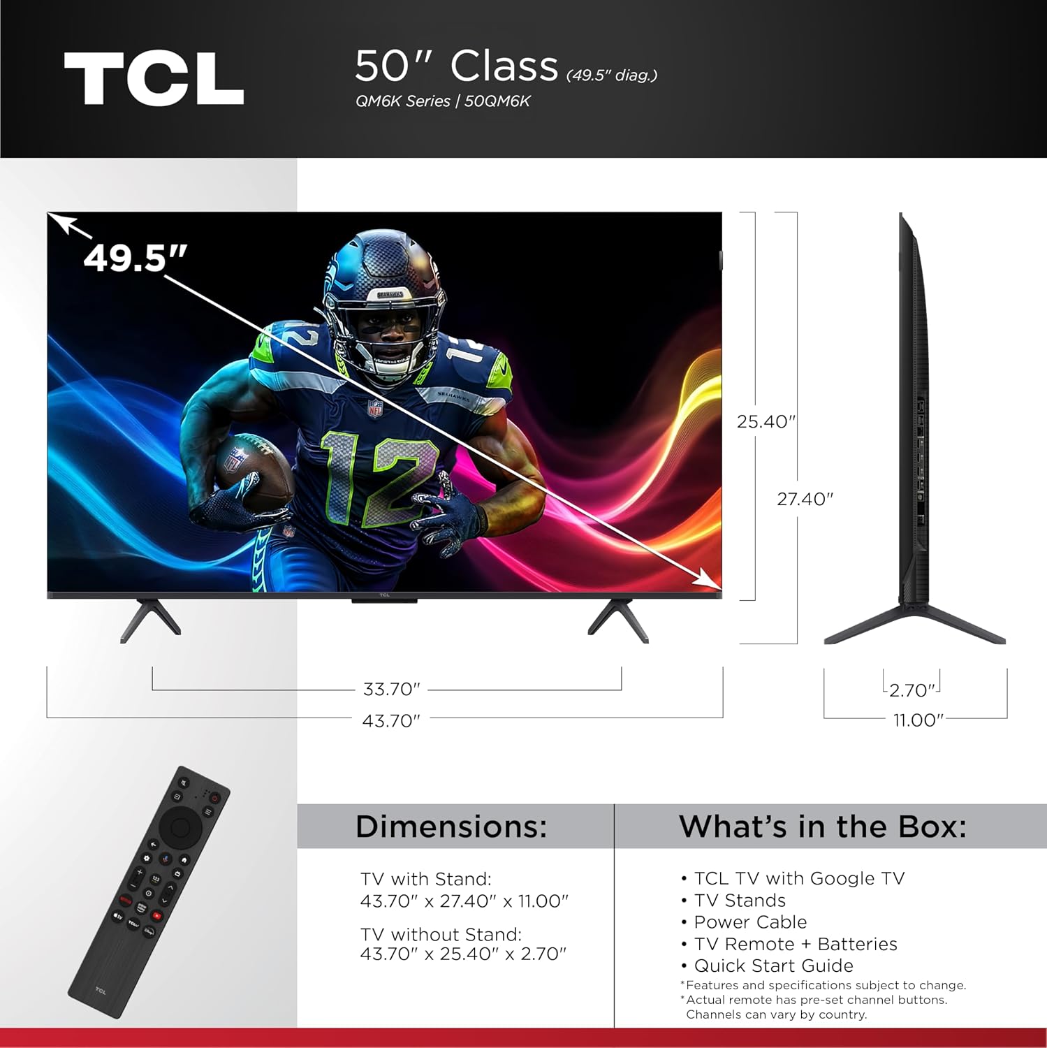 TCL 50-Inch QM6K Series QLED 4K Smart QD-Mini LED TV with Google TV (50QM6K, 2025 Model) New Halo Control System, LD500 Precise Dimming Series, High Contrast HVA Panel, 144Hz Native Panel Refresh Rate