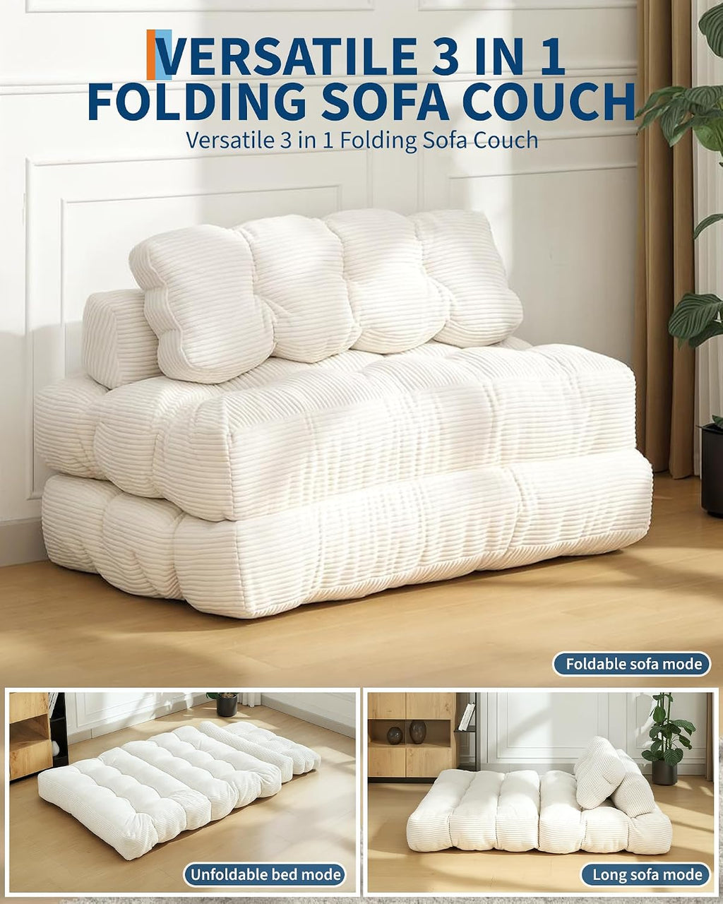 Folding Sofa Bed, 3-in-1 Convertible Sleeper Chair with Pillow, Double Futon Couch Bed with Back Support, Portable Fold Out Chair Bed Comfy Floor Sofa Lounge for Living Room Bedroom, Beige