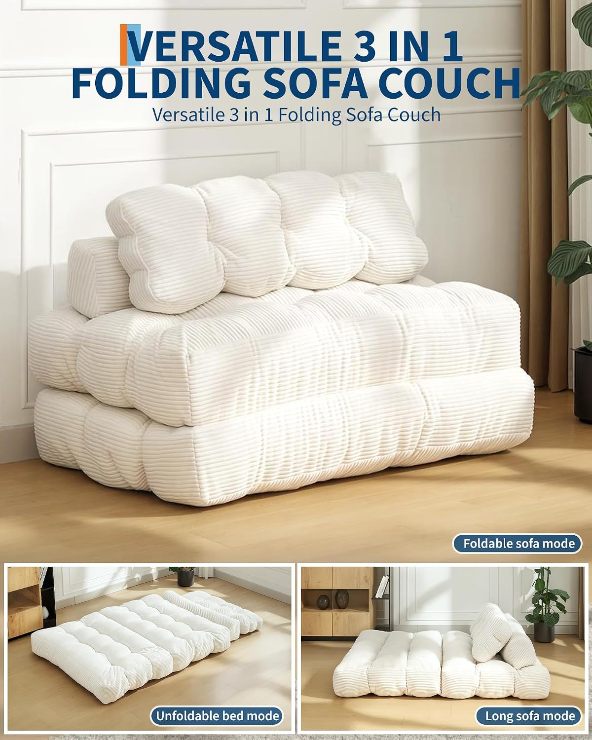 Folding Sofa Bed, 3-in-1 Convertible Sleeper Chair with Pillow, Double Futon Couch Bed with Back Support, Portable Fold Out Chair Bed Comfy Floor Sofa Lounge for Living Room Bedroom, Beige