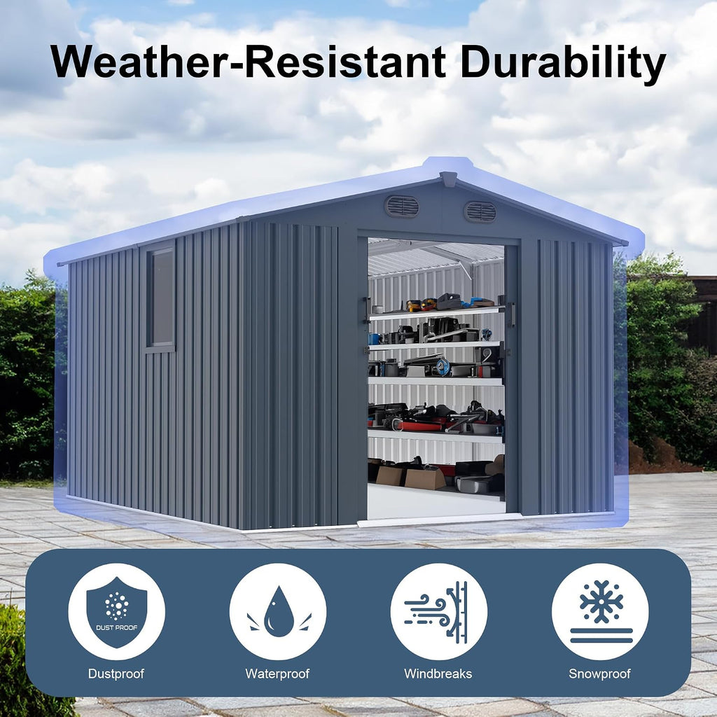 10x8FT Metal Outdoor Storage Shed, Garden Tool Shed Without Floor, Garage Shed with Window and Lockable Doors, for Garden Bike Lawnmower