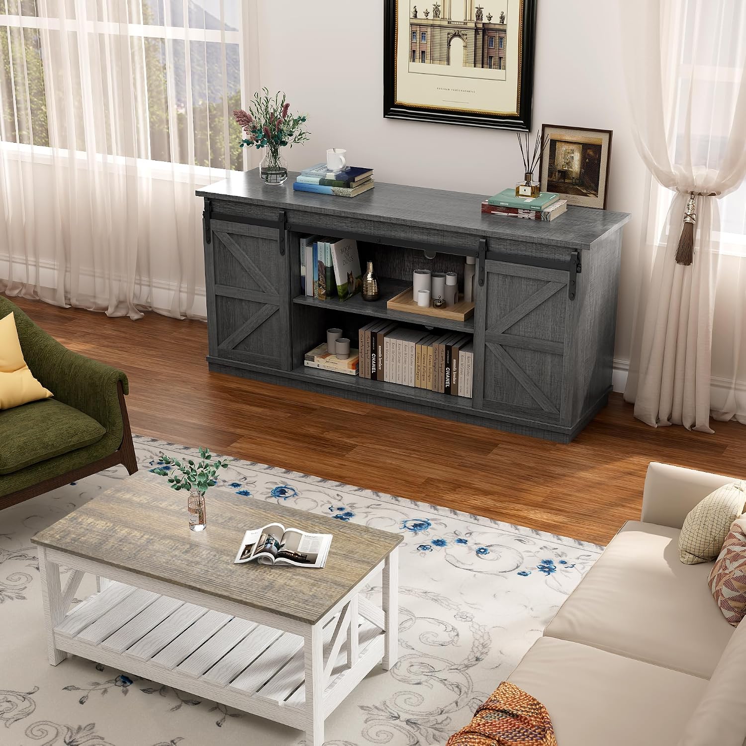YESHOMY TV Stand for Televisions up to 65 Inches, with Sliding Barn Doors and Storage Cabinets, Console Table and Media Furniture for Living Room, 58 Inch, Gray