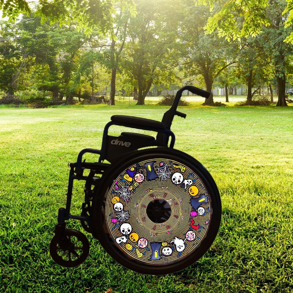 Designer Halloween Cover for Wheelchair Wheels for Adults & Kids, Skull and Spider Web Designs, Easy Install/Remove, Lightweight, (Halloween Fun)