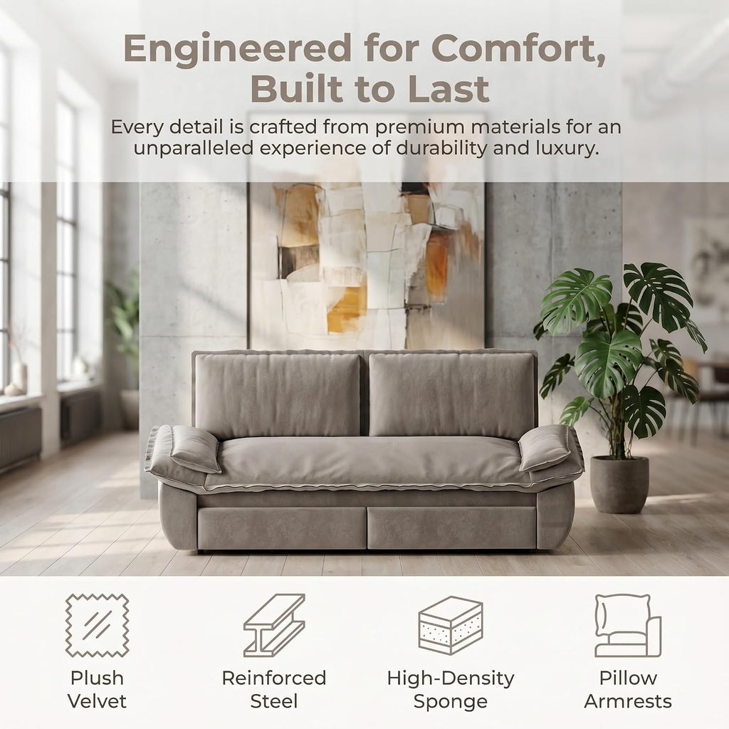 73.2' Sofa Bed Queen, 3-in-1 Pull Out Sofa Bed with Pillow Armrest, Modern Velvet Convertible Sleeper Futon Sofa for Living Room Small Space, Apartment, Bedroom, Grey
