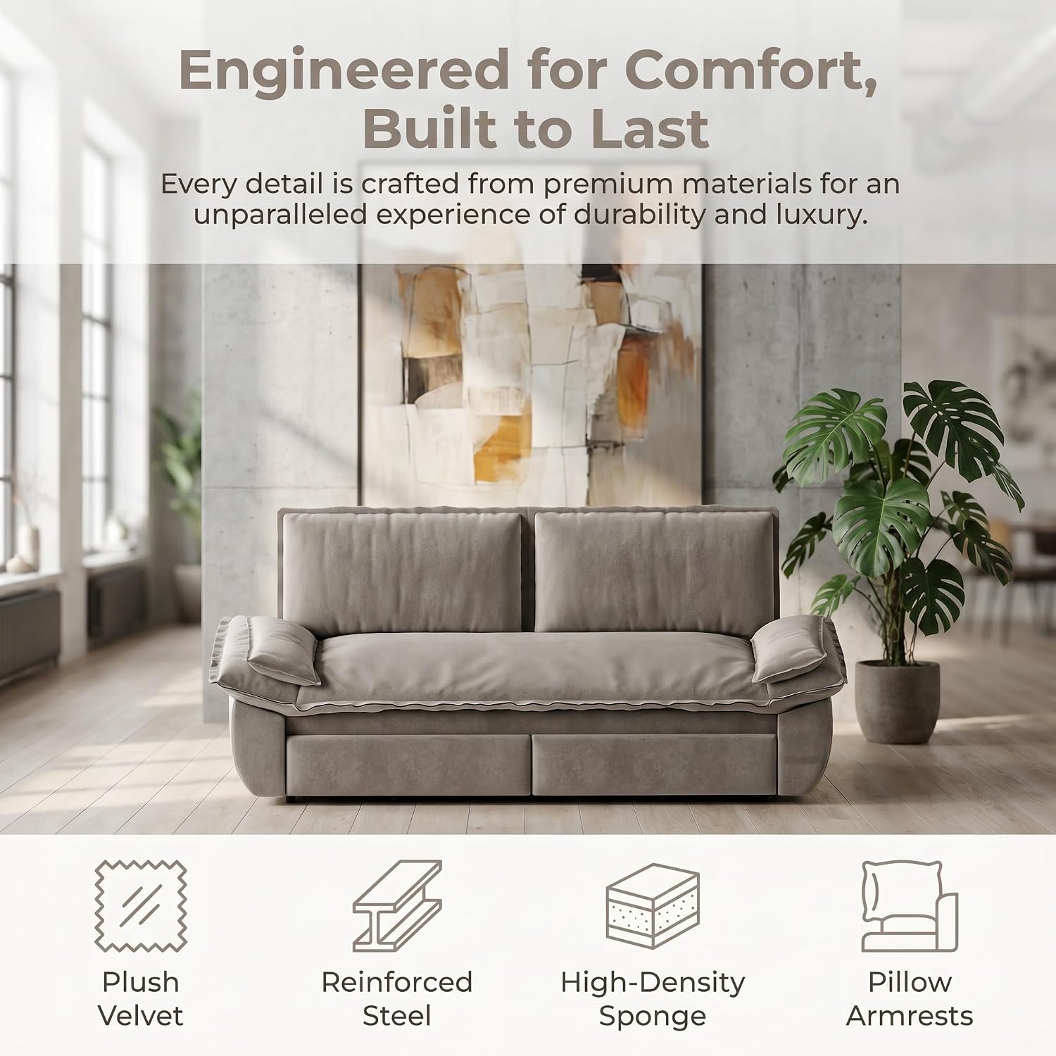 73.2' Sofa Bed Queen, 3-in-1 Pull Out Sofa Bed with Pillow Armrest, Modern Velvet Convertible Sleeper Futon Sofa for Living Room Small Space, Apartment, Bedroom, Grey