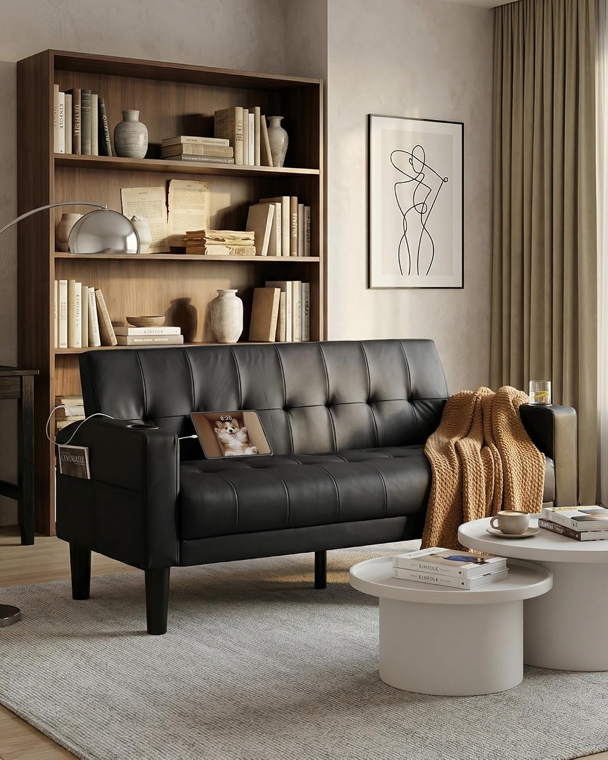 TYBOATLE Sofa Couch 62' W Loveseat w/ 2 USB Charger Ports & 2 Cupholders, Mid-Century Modern Black Faux Leather Tufted Small Love Seat Couches for Office,Compact Living Room,Bedroom,Apartment,Dorm