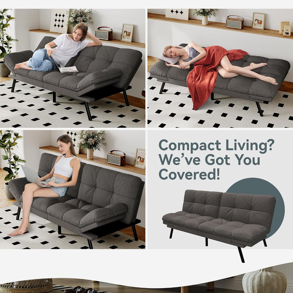 Futon Sofa Bed Convertible Couch, Grey Linen Sofa Bed with Memory Foam, Adjustable Backrest & Armrests, Multifunctional Small Loveseat Sleeper Sofa for Living Room, Apartment, Office