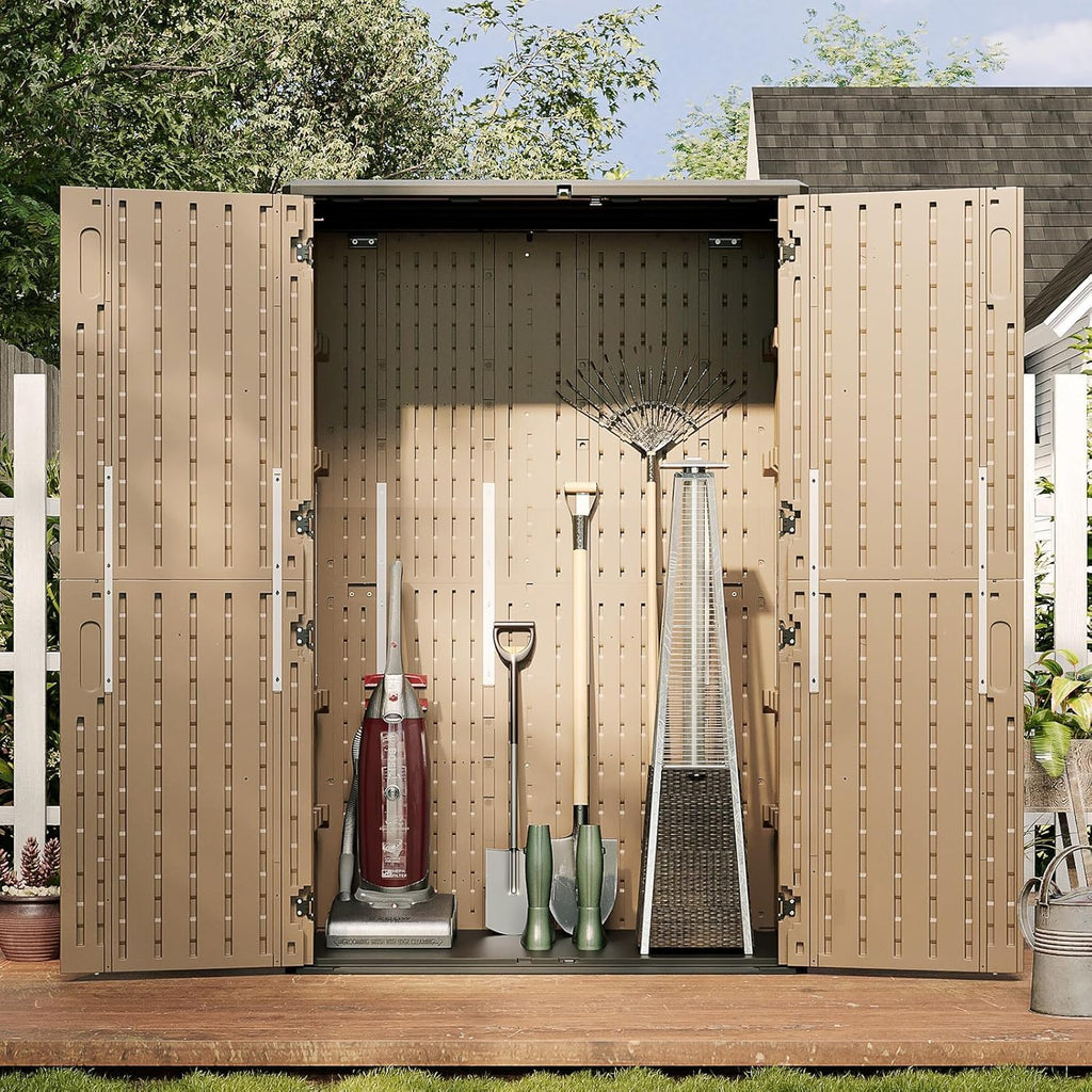 Aoxun Outdoor Storage Shed, 64 Cu.Ft Vertical Storage Sheds Outdoor with Floor, Outdoor Waterproof Storage Cabinet for Garage Storage, Pool Storage (Brown)