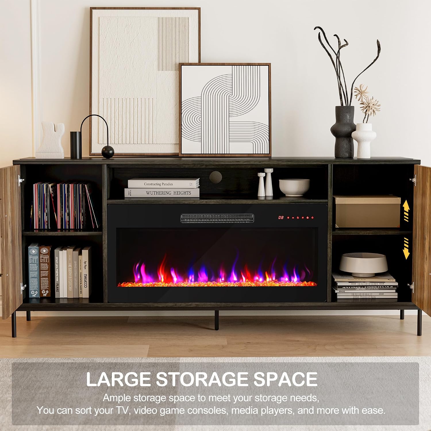 BELLEZE 68' TV Stand with 36' Electric Fireplace Heater, Entertainment Center with Storage Cabinet, Console Table for TVs up to 75' for Living Room, Bedroom - Harper (Black Ebony)