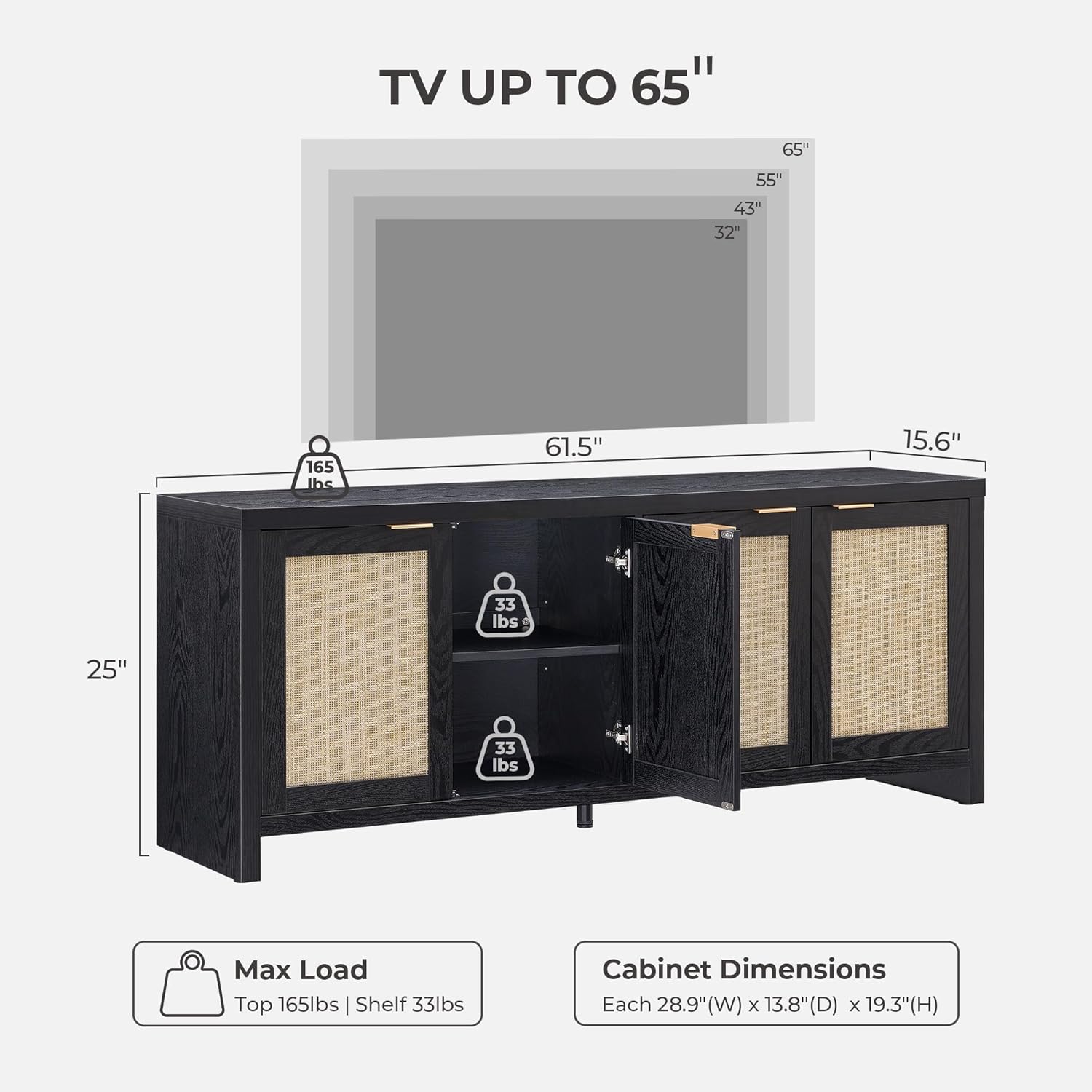 SICOTAS TV Stand for Living Room Boho Entertainment Center for Bedroom with 4 Rattan Cabinets Farmhouse Television Stands with Storage Large Media Console Table for TVs up to 65 Inch