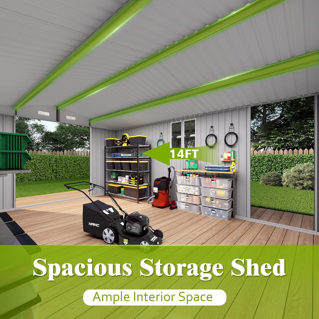 YOPTO 10x14 FT Outdoor Storage Shed,Metal Shed W/ 3 Lockable Doors & Window,Garden Tool House W/ 4 Air Vents & Sloped Roof,All Weather Waterproof for Backyard,Patio,Lawn,Grey