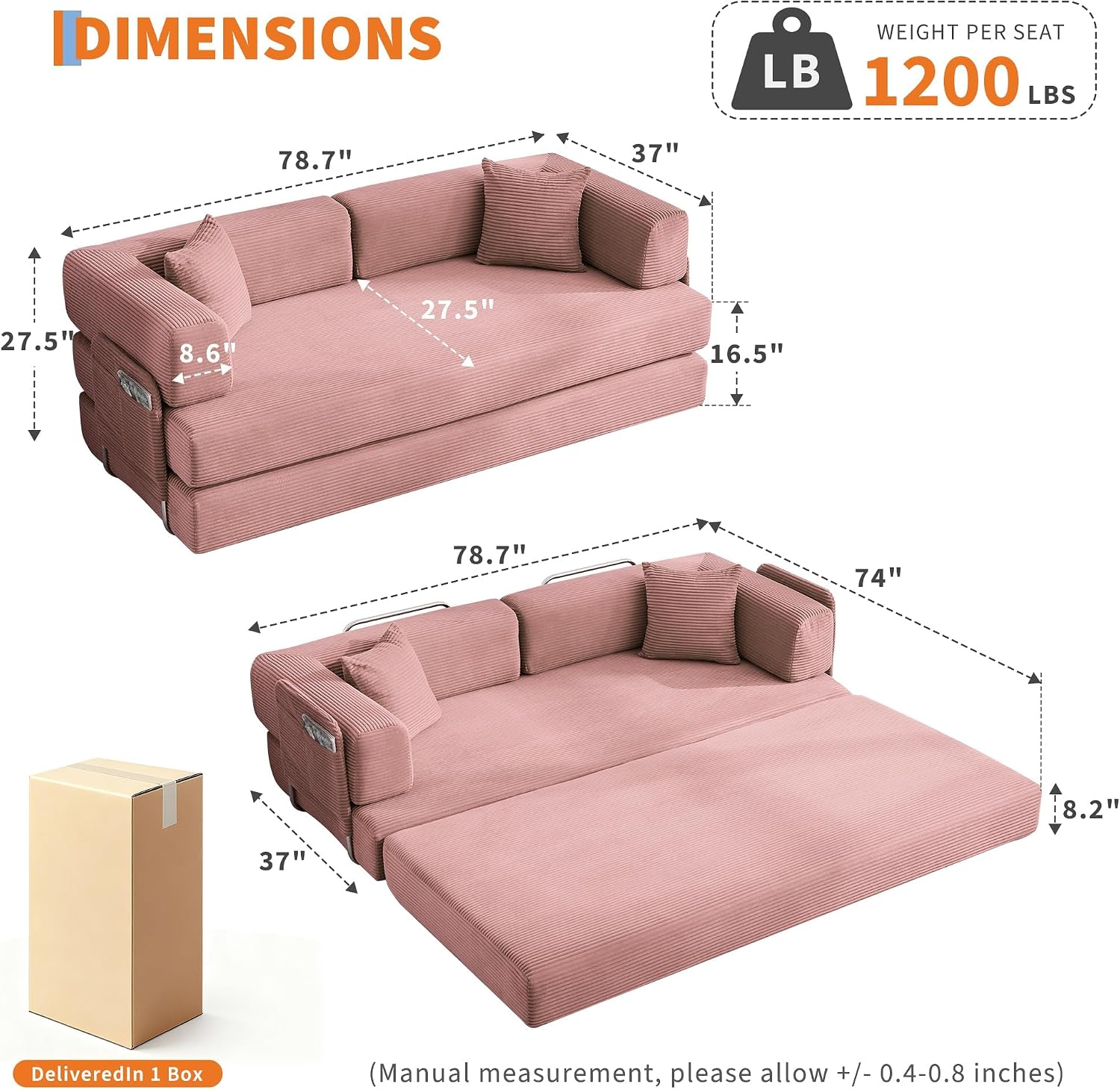 Garvee 5-in-1 Convertible Sofa Bed, 78.8' Modular Corduroy Sleeper with Sturdy Frame & No Assembly, Multi-Functional Futon for Small Space, Living Room & Guest Room (Pink)