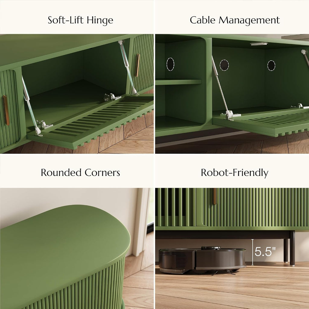 POVISON Fully-Assembled Modern Green TV Stand with Tambour Doors, Fluted TV Media Console for 75 Inch TVs, Sliding Door Entertainment Center with Storage for Living Room (Green, 78.74')