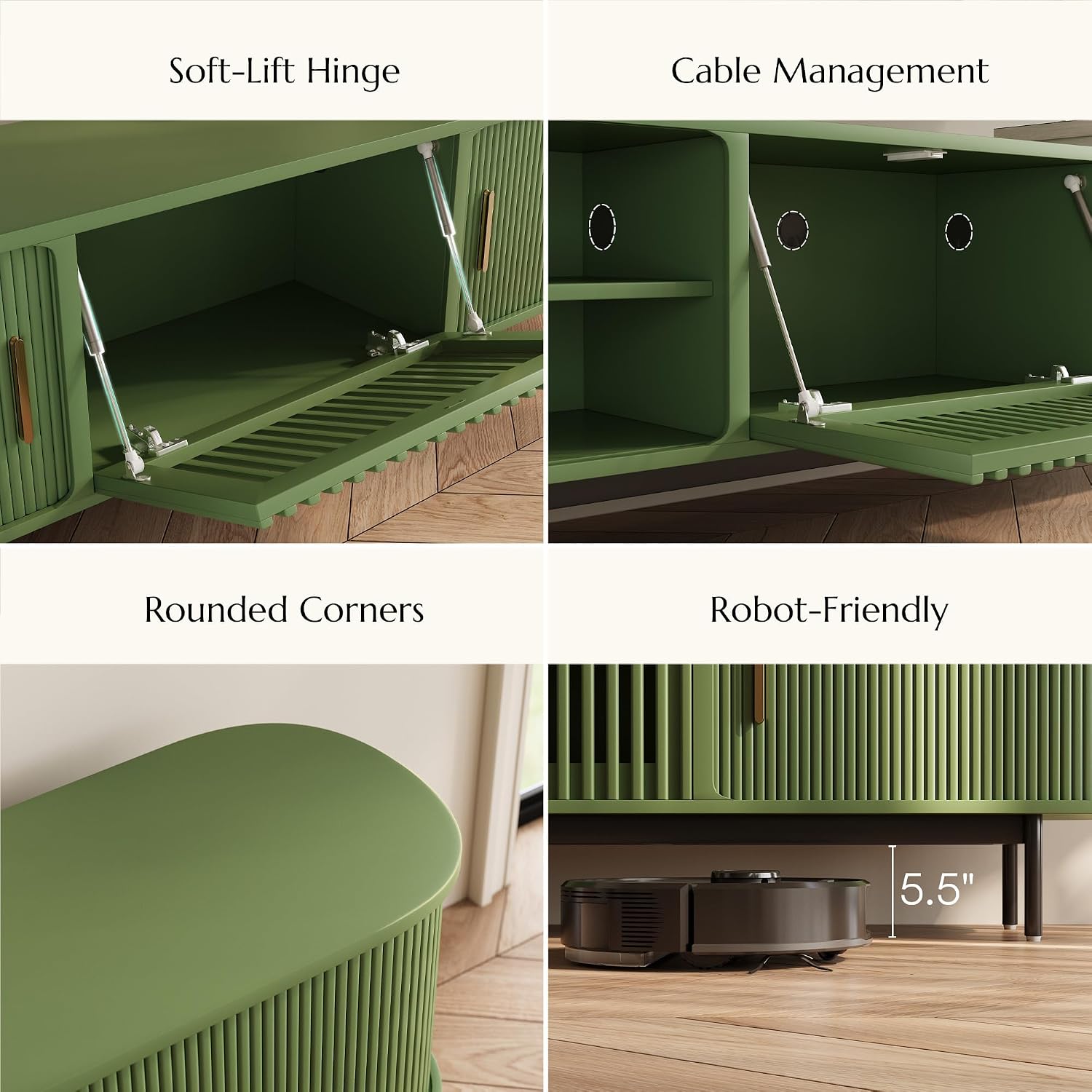 POVISON Fully-Assembled Modern Green TV Stand with Tambour Doors, Fluted TV Media Console for 75 Inch TVs, Sliding Door Entertainment Center with Storage for Living Room (Green, 78.74')