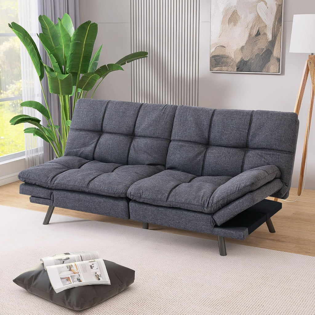 71' Convertible Futon Sofa Bed,Linen Fabric Futon Couch Bed,Memory Foam Sleeper Sofa,Modern Folding Small Loveseat for Living Room,Office,Apartment,Retro Grey