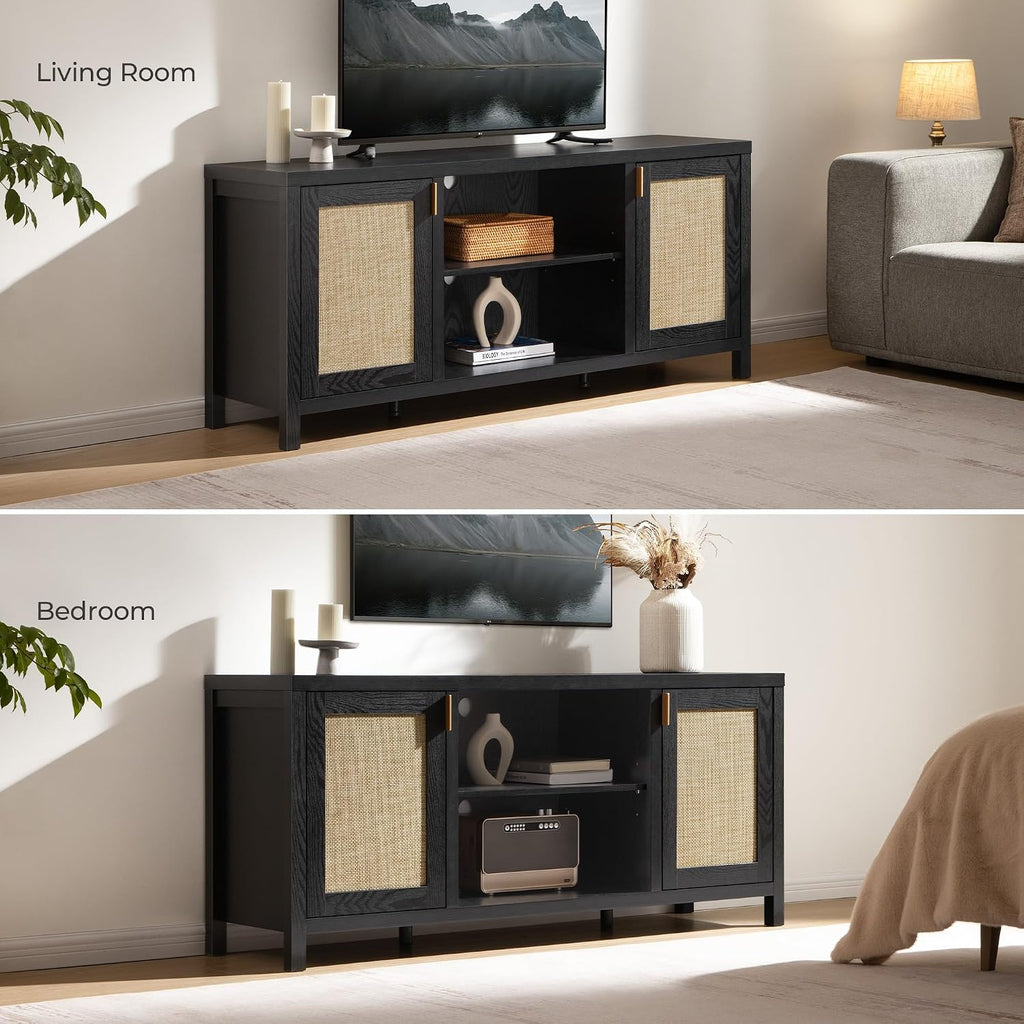 SICOTAS Rattan TV Stand for Living Room - 26' Tall Farmhouse Entertainment Center with Storage and Wicker Door, Media TV Console Cabinet for TVs Up to 65 Inch, Black Oak